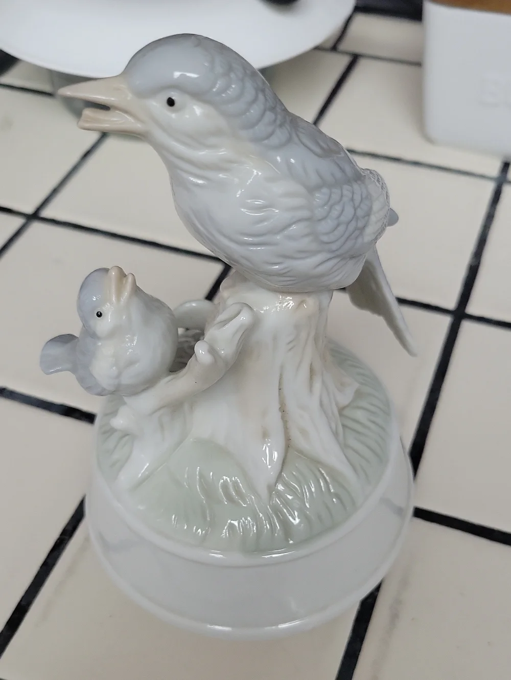Vintage Porcelain Bird Music Box - Pale Gray and White Decorative Accent